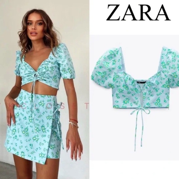 NWT Zara Floral Linen Blend Puff Sleeve Crop Top S - Picture 2 of 14